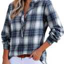 Astylish Women's V Neck Plaid Shirts Flannel Casual Blouses Button-Down Business Long Sleeve Boho Tops (Navy Blue,Medium)