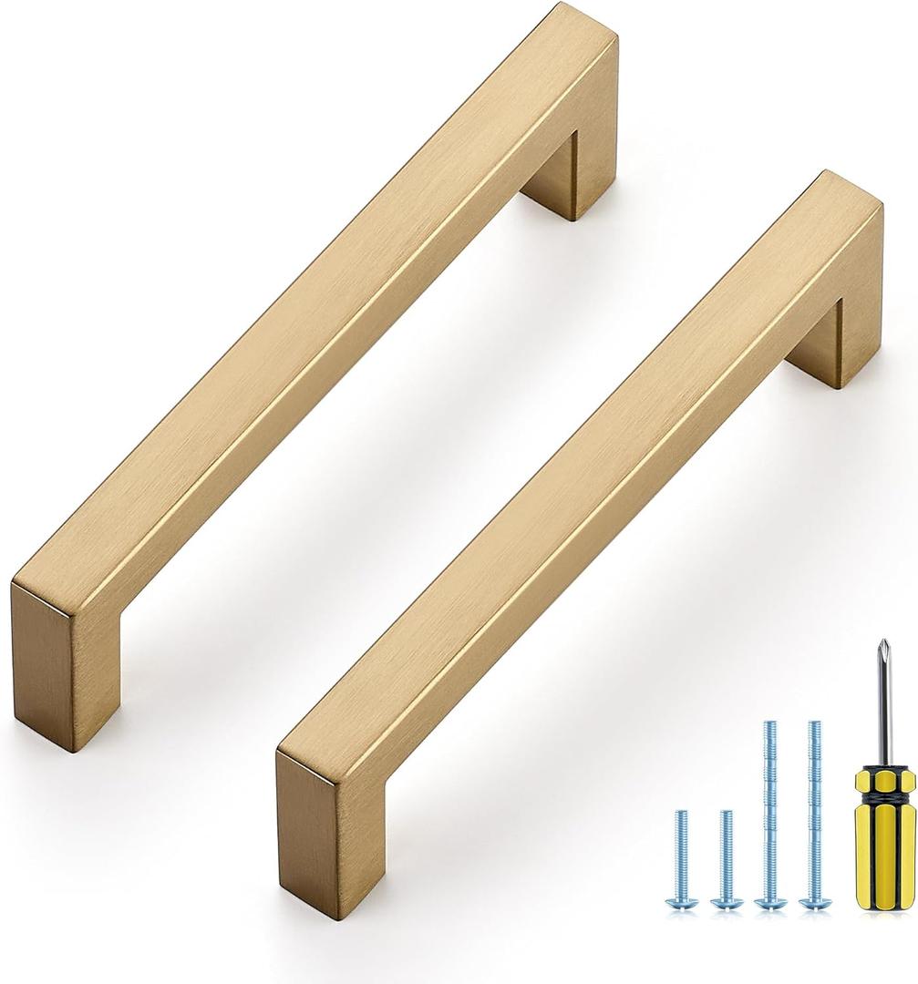 Ravinte 10 Pack Champagne Bronze Cabinet Handles 5 Inch Hole Center Stainless Steel Kitchen Square Cabinet Pulls for Dresser Drawer Cupboard Handles with Screwdriver