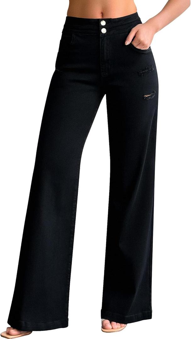 roswear Womens Casual Distressed High Waisted Denim Pants Stretch Baggy Loose Wide Leg Jeans (Medium, Black)