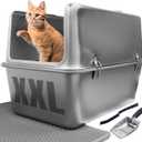 XXL Stainless Steel Litter Box with Lid 30L Capacity 16" Inch High Sides, Leak Proof Anti Tracking Pedal Non Stick Easy Clean Splash Proof Removable Top for Large and Multi Cats Includes Scoop & Mat