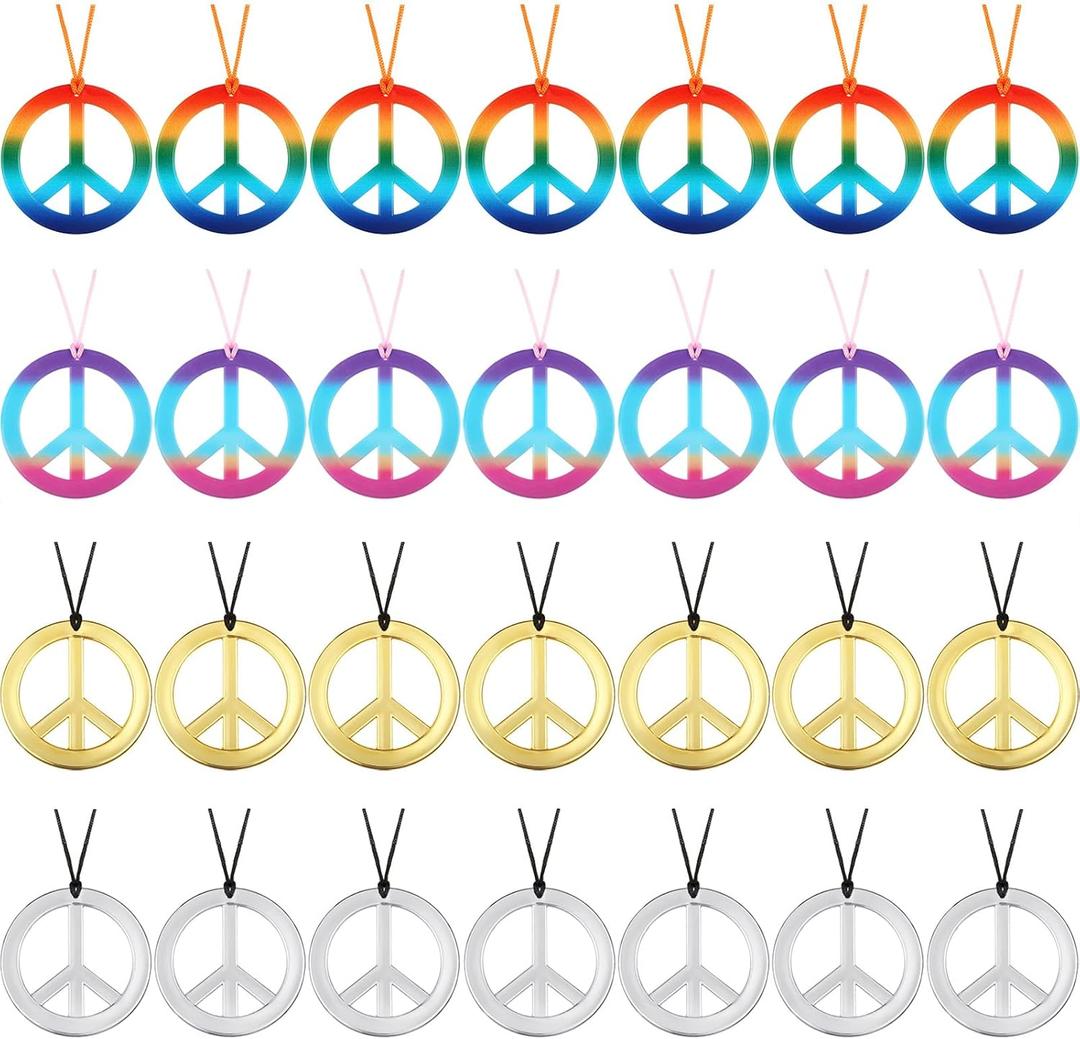 Tatuo 200 Pieces Peace Sign Pendant Necklace Hippie Rainbow Love Peace Necklace Gold Silver Tie Dye 60s 70s