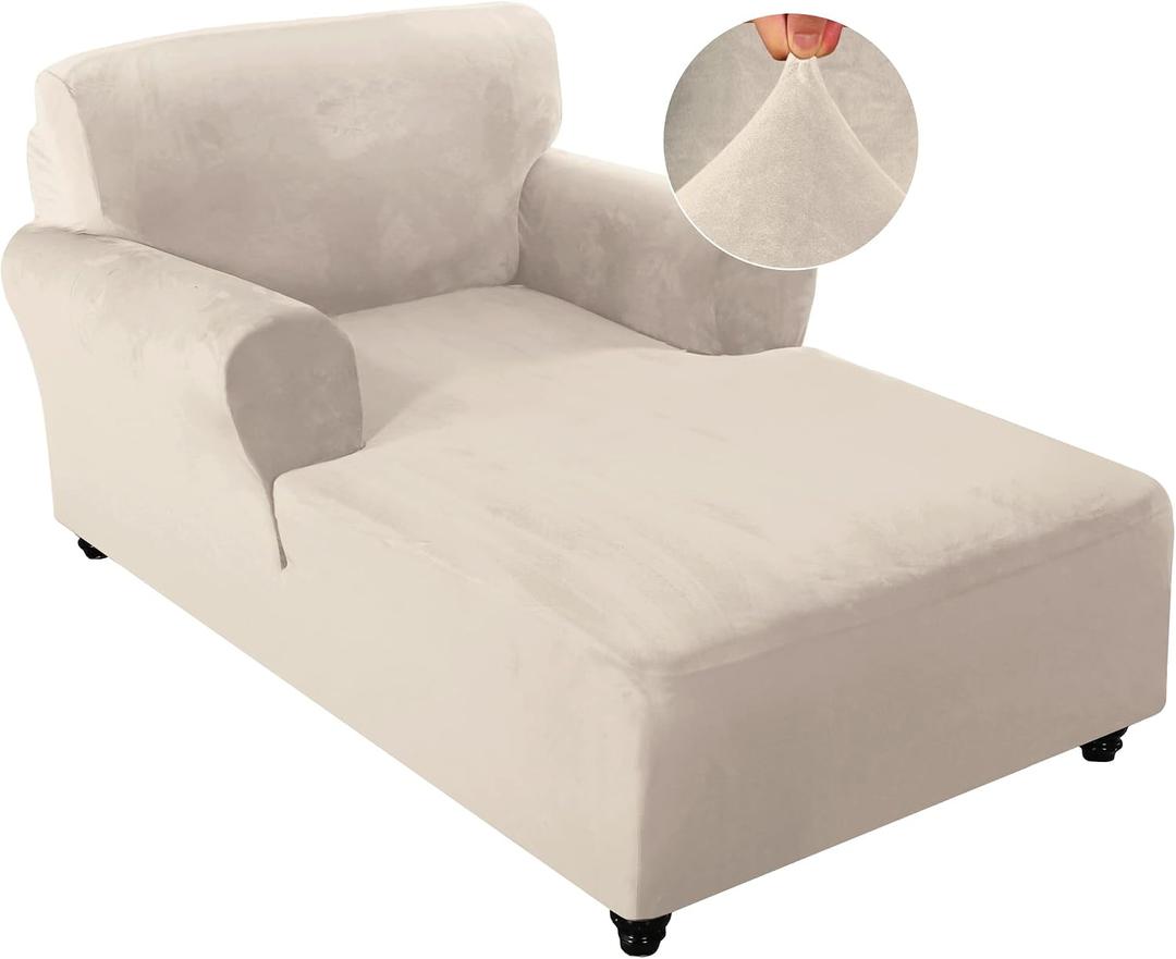 FantasDecor Velvet Chaise Lounge Cover Stretch Double Arm Chair Slipcover for Living Room Bedroom Soft Plush Fabric Machine Washable, Ivory