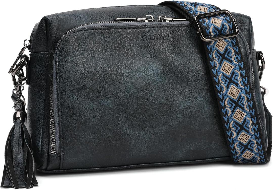 Womens Crossbody Purses,Vegan Leather Medium Cross Body Purses Bag for women,Crossbody Messenger Bag Built in Wallet (Black Blue)