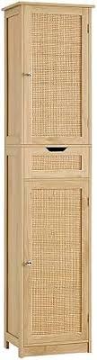 Iwell Tall Narrow Storage Cabinet with Doors, Rattan Cabinet with Adjustable Shelves, Freestanding Linen Storage for Living Room, Entryway, Kitchen, Bathroom, Natural