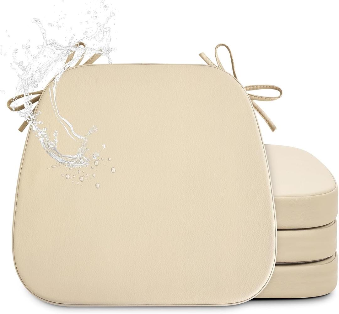 Shinnwa Kitchen Chair Cushions Set of 4, Faux Leather Dining Chair Cushions with Waterproof Cover and Non-Slip Bottom, 4 Pack 17x16x2in, Light Camel