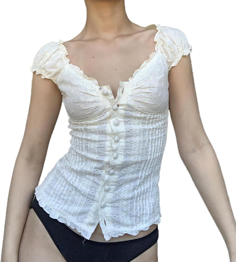 Women Y2K Fairy Grunge Tee Shirt Lace Trim Short Sleeve Crop Top Ruffle Babydoll Top Aesthetic Going Out Top, Large
