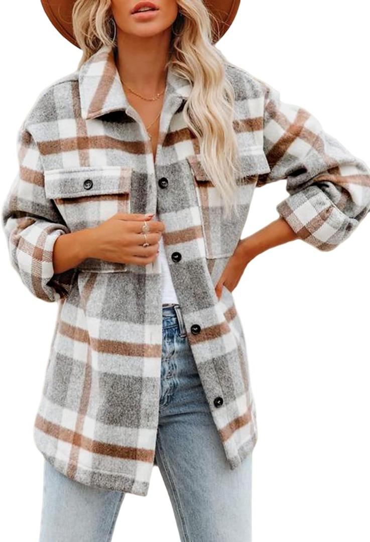 Beaully Women's Flannel Plaid Shacket Long Sleeve Button Down Shirts Jacket Coats with Side Pockets (X-Large, Khaki Grey)