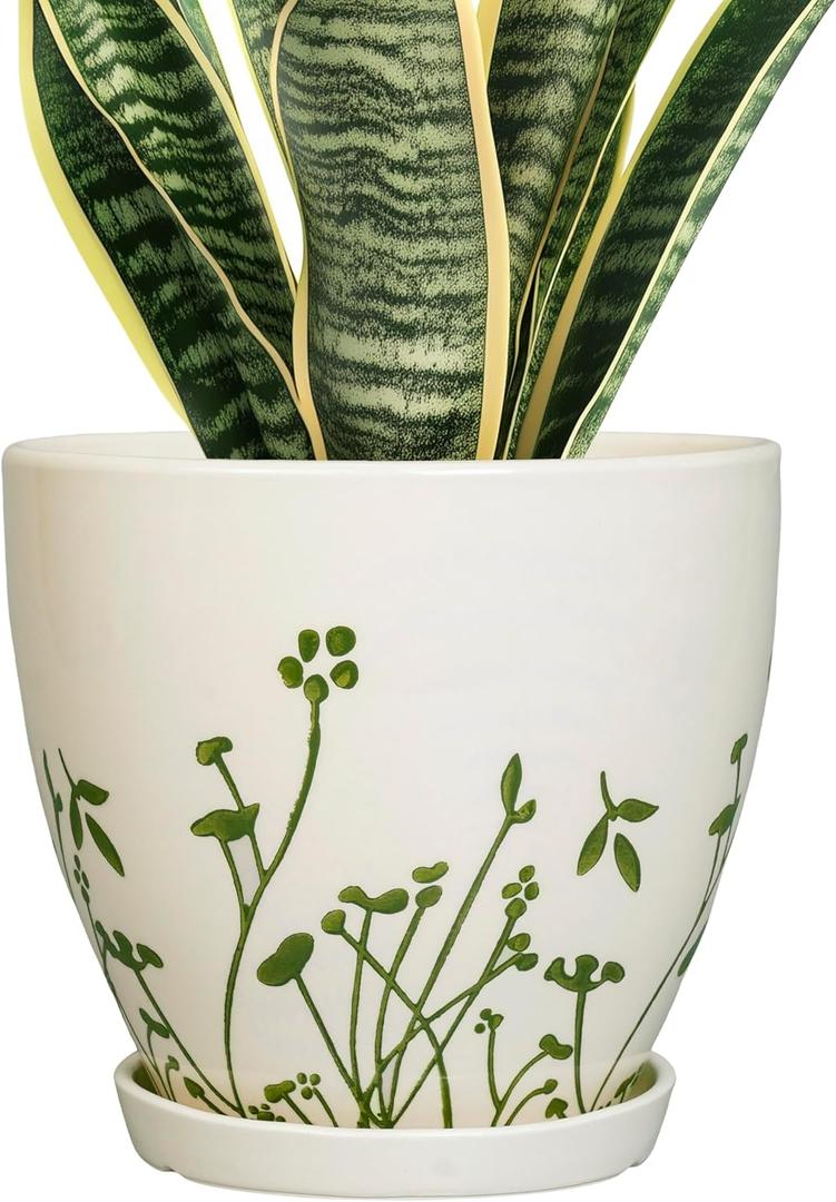 MPotTo Indoor Plant Pot 8.2 Inch - Ceramic Planter with Drainage Hole and Saucer, Boho Round Decorative Flower Pot for Indoor Outdoor Flowers, Plant Lover Gifts, Office Home Garden Patio Decor, White