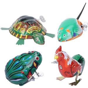 Toyvian 4Pcs Vintage Tin Toys Clockwork Toys Metal Clockwork Spring Wind up Metal Jumping Animal Rooster Turtle Interesting (Random Style and Color) (Medium)