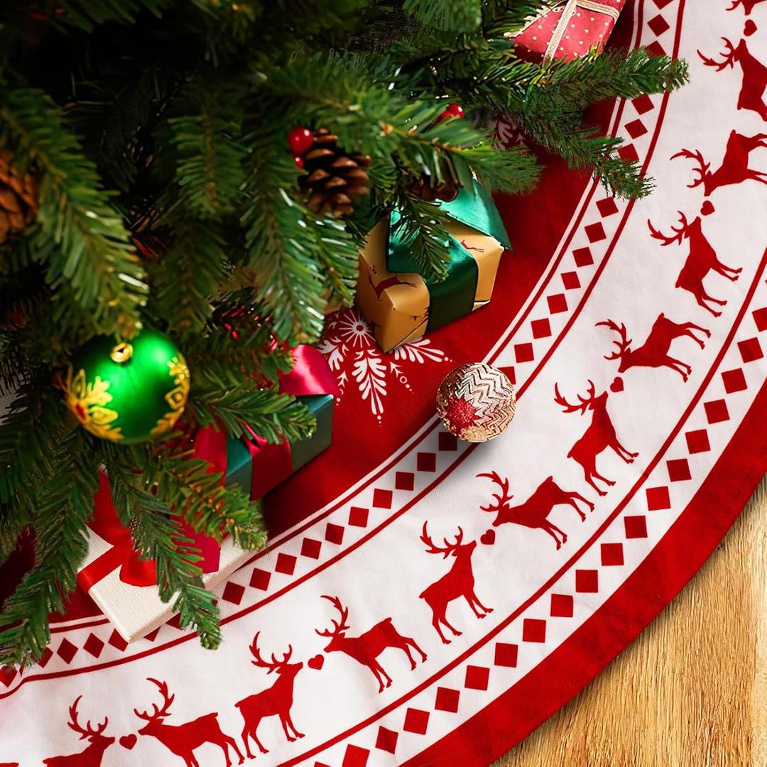 Christmas Tree Skirt 60 inch Red Large Round Fashion Tree Skirt Christmas Decorations with White Snowflake Reindeer for Xmas Ornaments for Winter New Year