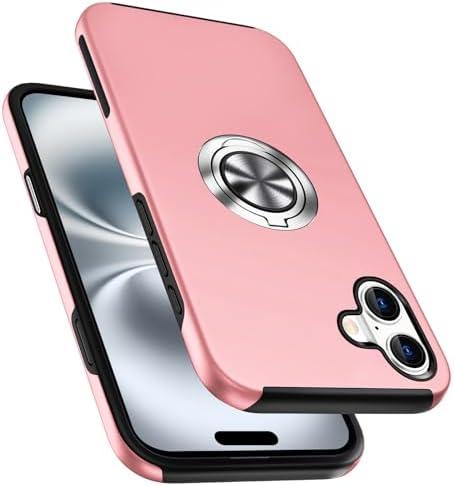 PELEPUES Shockproof Case for iPhone 16 6.1 inch, [Embedded Finger Ring] Military Grade Phone Case Cover with Reinforced Metal Stand Kickstand [Support Magnetic Car Holder] for iPhone 16, Pink