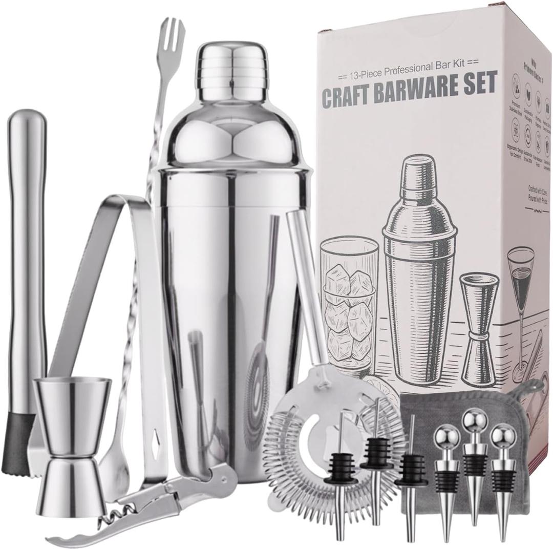 13-Piece Bartender Kit Bar Tool Set  Boston Cocktail Shaker Set with Muddler,Strainer,Jigger,SpoonHome Bar Accessories and Drink Mixer Gift for Bartesian,Housewarming, Bar Cart Decor