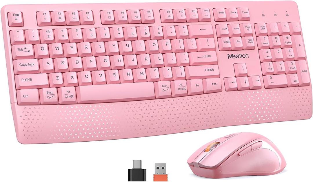 MEETION Wireless Keyboard and Mouse, Full-Sized Cordless Keyboard with Wrist Rest and 3 DPI Adjustable Mouse, Keyboard and Mouse Set with 2.4GHz USB Receiver, for PC/Computer/Laptop/Windows/Mac, Pink