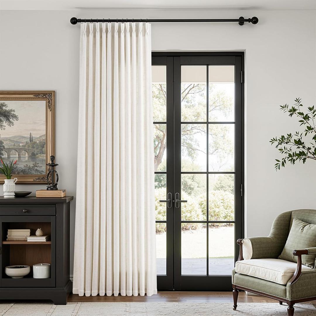 Natural 60 Inch Width Pinch Pleated Linen Curtains 90 Inches Long for Living Room Extra Wide Cream Boho Curtain Memory Shape Light Filtering for Bedroom Large Windows Hooks Rings 1 Panel 60x90