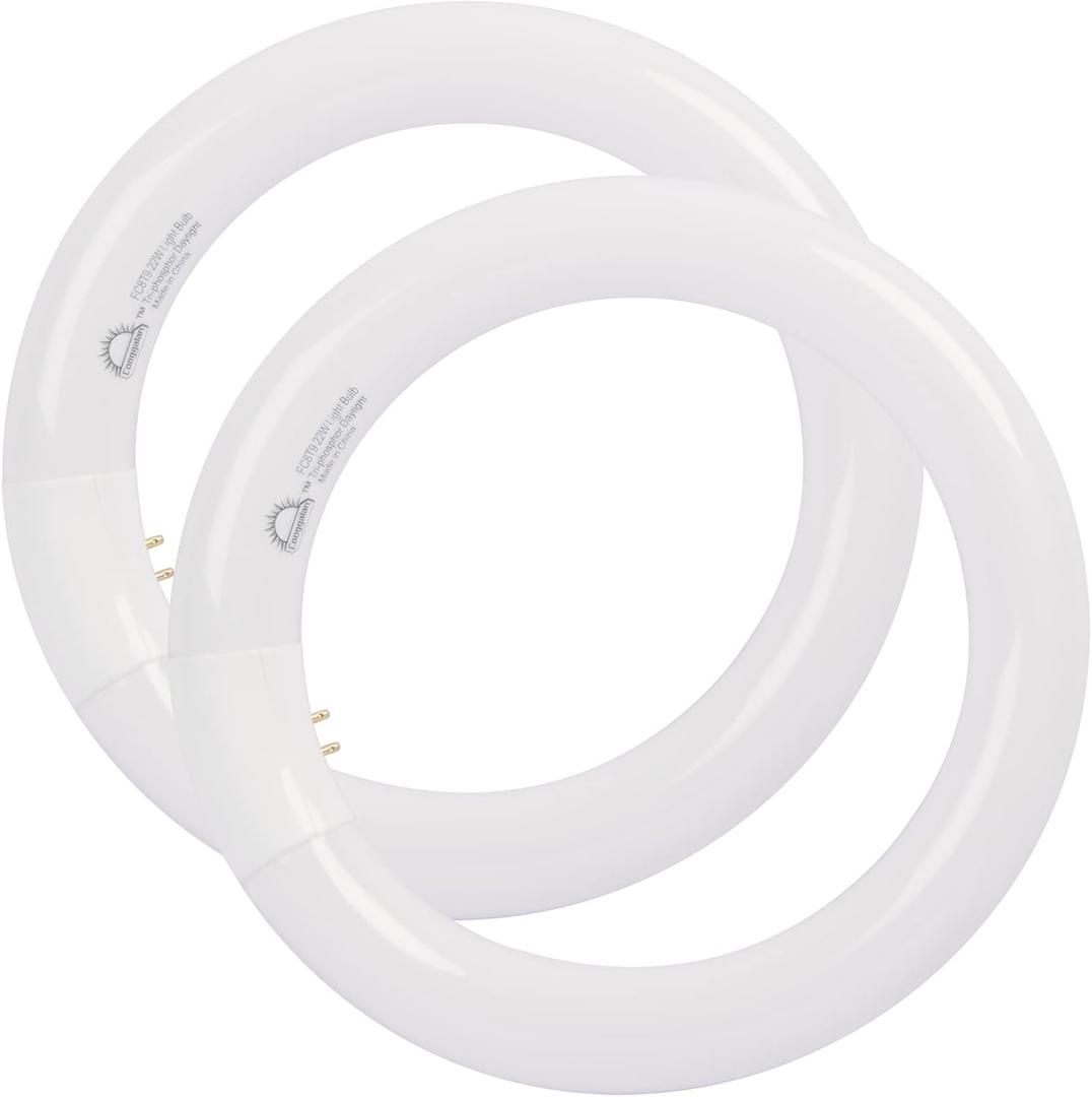 8 inch T9 22 Watts Round Light Bulbs FC8T9/DX Circular Fluorescent Light Bulb, FC8T9/DL 22W Circline Bulb, Daylight 6400K, G10q 4 Pin Prong Base, 2 Pack