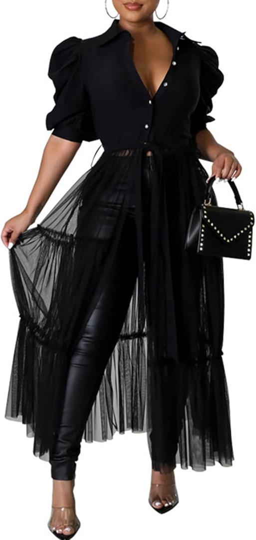 Choichic Women' Button Down Shirts High Waist Short Sleeve Sheer Mesh Patchwork Maxi Dress Long Shirts Tunics with Belt (X-Large, Black)