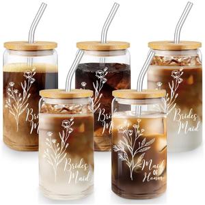 Layhit 5 Pcs Bridesmaid Gifts Bridesmaid Proposal Gifts 16 Oz Cute Can Shaped Drinking Glasses with Bamboo Lids and Glass Straw Iced Coffee Cup Mason Jar Cups for Engagement Wedding Bridal