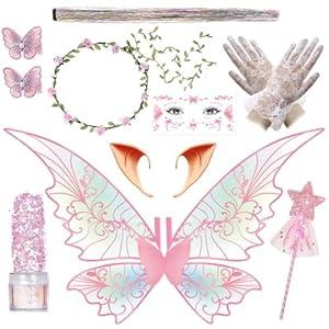 Fairy Wings Costume Set for Adult Women, Butterfly Hair Clips Elf Ears Garland Wand Gloves Glitter Halloween Party (Pink)