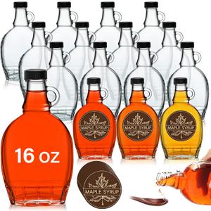 12 Pcs 16 oz Glass Maple Syrup Bottles Clear Reusable Glass Bottles with Lids Loop Handle and Maple Syrup Stickers Jars Container for Milk Potion Juice Sauce Oil Storage Gift(Stylish)