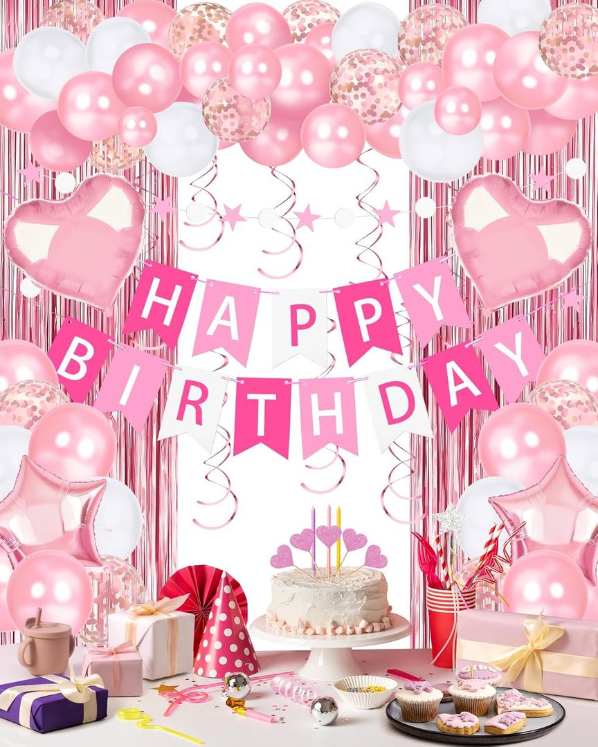 Pink Happy Birthday Party Decorations, Happy Birthday Banner, Pink Foil Heart Star Confetti Balloons Curtain Backdrop Hanging Swirls Butterfly Party Decor for Girls Women Princess