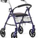 Medline Steel Rollator Walker with Seat, Blue, 300 lb. Weight Capacity, 8” Wheels, Foldable, Adjustable Handles, Rollator Walker for Seniors, Rolling Walker for Mobility Impairment