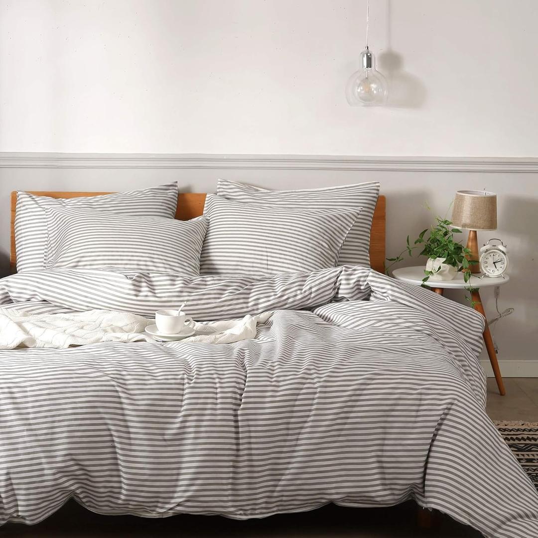 JELLYMONI Bedding Duvet Cover Set, 100% Natural Cotton 3pcs Striped Duvet Cover Sets, White Duvet Cover with Grey Stripes Pattern Printed Comforter Cover, with Zipper Closure & Corner Ties(Queen Size)