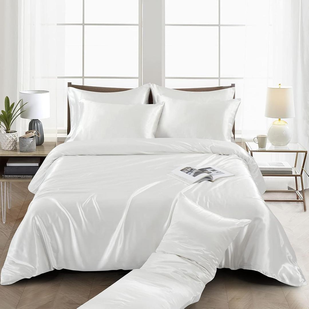 Ersmak 6 Pieces Satin Duvet Cover Full/Queen Size Luxury Silky Bedding Duvet Cover Set with 1 Soft Duvet Cover, 4 Queen Pillowcases and 1 Body Pillowcase, Ivory White