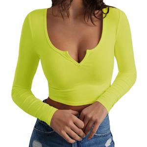 Artfish Women's Long Sleeve Scoop Neck V Notch Ribbed Slim Fitted Casual Basic Crop Top (Lime Neon Green, Small)
