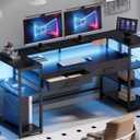 Pamray 58 Inch Computer Desk with Monitor Stand and Shelves Gaming Desk with LED Lights & Power Outlets PC Vanity Table with 2 Drawers for Home Office Black