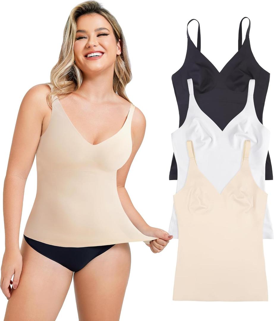 LODAY Compression Tank Tops for Women Tummy Control Shapewear Seamless Body Shaper Workout V-Neck Camisole Cami Tops (Medium, Black/Beige/White 3pk)