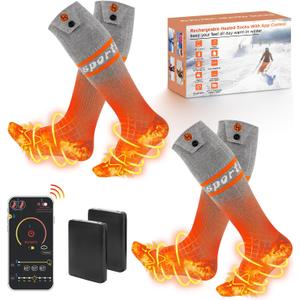 Heated Socks for Men Women APP Control Electric Heating Socks 7000mAh Rechargeable Battery Heate Thermal Socks for Winter Camping Fishing Cycling Skiing Hunting Hiking (6-14 USA Size, Grey 2 Pair Socks(Only 1 Pair Battery))