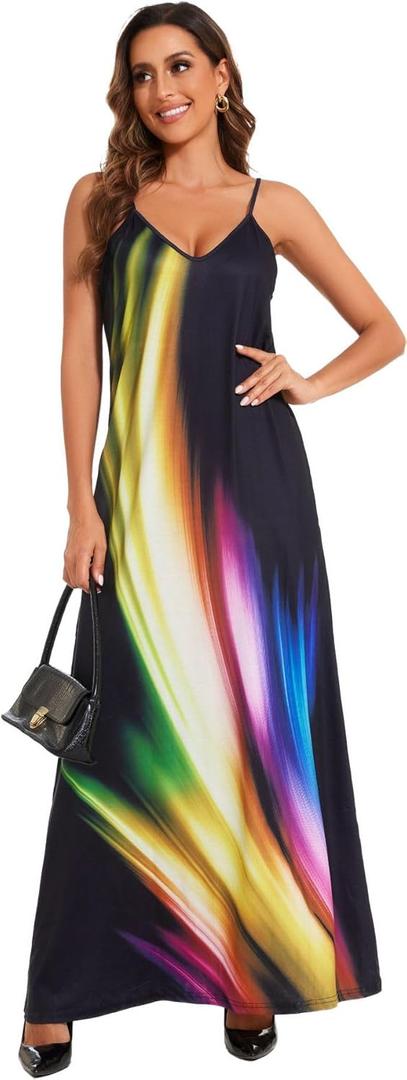 Women's Maxi Sunflower Dresses Sleeveless Long Tie Dye Dress Casual Sundresses with Pockets (10158rainbow)