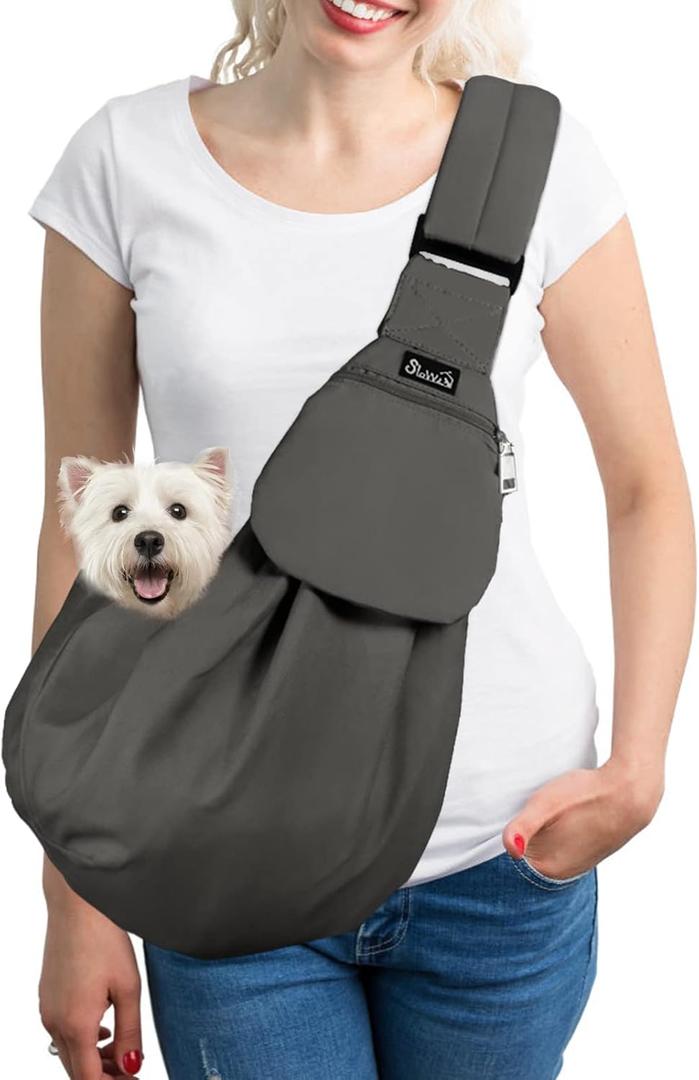 SlowTon Dog Carrier Sling - Thick Padded Shoulder Strap Adjustable Dog Carriers for Small Dogs, Puppy Carrier Purse for Pet Cat with Front Zipper Pocket Safety Belt Machine Washable (Grey M)
