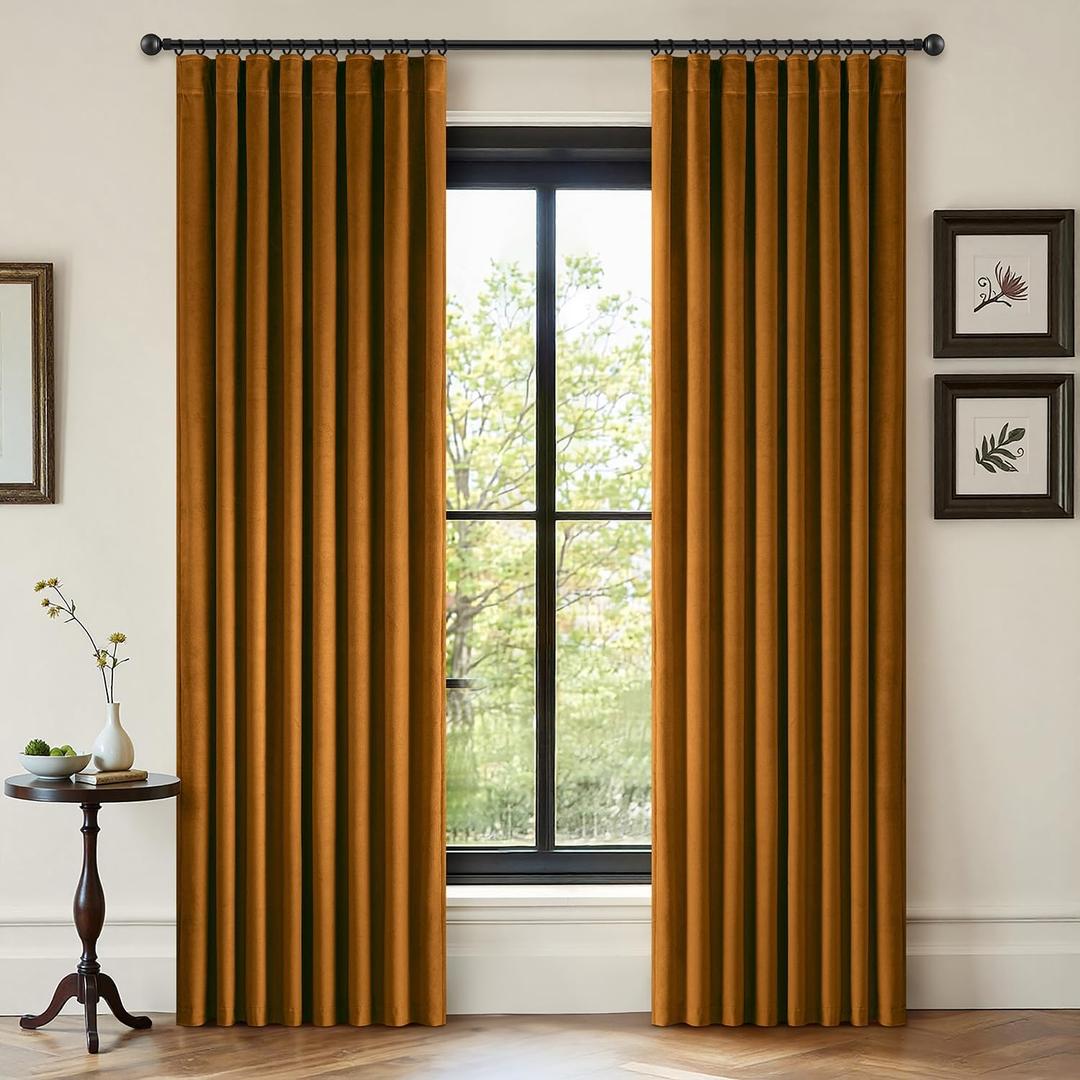 ANRODUO Gold Brown Velvet Curtains 90 Inches Long Blackout Thermal Insulated Soundproof Curtain Privacy Room Darkening Curtains Pinch Pleat Window Drapes for Bedroom Living Room Set of 2