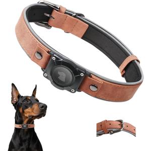 Leather AirTag Dog Collar - IPX8 Waterproof Dog Collar with AirTag Holder|Reflective, High - End, Adjustable Soft Padded |Dog GPS Collar Tracker Fit for  Dogs (MAHOGANY BROWN,M (M (12.5"-17.3"))