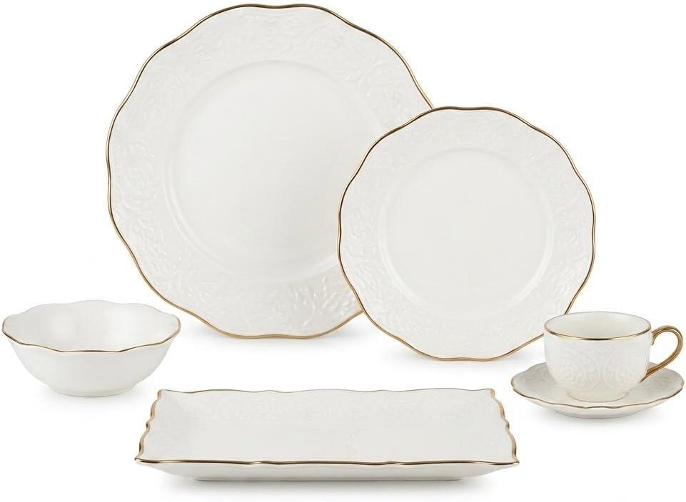 32-Piece Porcelain Dinnerware Set for 6, White Tableware Set with Gold Rim, Embossed Floral Design, Dinner Plates, Salad Plates, Bowls & Cups for Everyday Dining, Kitchen, Home & Housewarming Gift