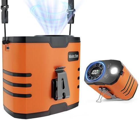 Portable 4 in1 Waist/Neck/Desk Fan with light and LED Display,10-Speed ​​16000RPM, 40H Runtime Cooling Personal Waist Belt Fan Clip on, Hands-Free Hanging Neck Fan for Outdoors, Hiking, Jobsite (Orange)