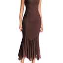 KUTUMAI Women Bodycon Long Formal Dress Asymmetric Hem Lace Neck Wedding Guest Cocktail Maxi Dresses Brown M (Brown, S)