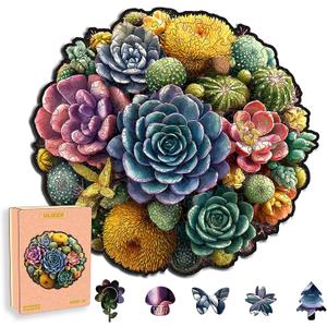 Wooden Puzzles for Adults, Succulent Jigsaw Puzzles, Unique Plants Adult Puzzles, Irregular Creative Gift for Family Game, Christmas Birthday Gifts Home Decor