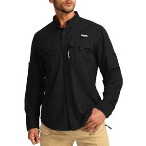 Men's Sun Protection Fishing Shirts Long Sleeve Travel Work Shirts for Men UPF50+ Button Down Shirts with Zipper Pockets (XX-Large, Black)