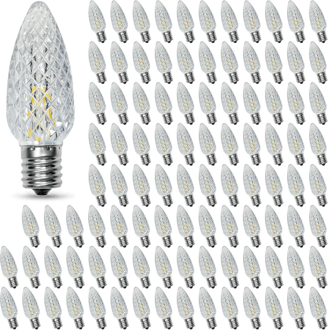 100PACK C9 Christmas Lights LED Replacement BulbsShatterproof & Waterproof Plastic C9 Led Bulbs for Outdoor String Lights, E17 Base, 0.6W Equivalent to 7W, Warm White 2700K, 50LM Holiday Decoration