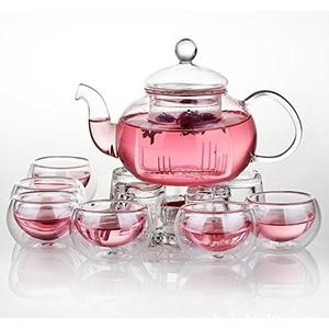 Jusalpha 11 PC-Glass Filtering Tea Maker Teapot with a Warmer and 6 Tea Cups Set (Version 2, 27-Oz)