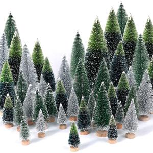 30Pcs Mini Christmas Trees Artificial Christmas Tree Bottle Brush Trees with Wooden Base for Christmas Decor Christmas Party Home Table Craft Decorations(Dark Green+Silver)