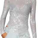Women's Long Sleeve See Through Glitter Tops Ladies Boat Neck Mesh Sheer Sparkly Sexy Tight Blouses
