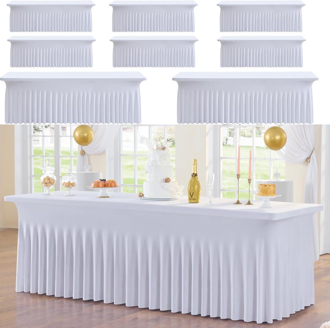 8pk White Spandex Tablecloths for 8ft Rectangle Tables, Wrinkle Free Wavy Table Skirt Stretchy 8 Foot Fitted Table Cloth Covers for Weddings Birthday Party Events Banquette Baby Shower