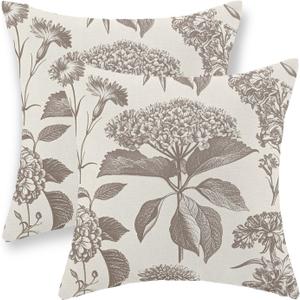 Tan Khaki Pillow Covers 18x18 Set of 2 Vintage Boho Floral Hydrangea Herbs Botanical Throw Pillow Cover Outdoor Flower Decorative Pillowcase Linen Farmhouse Cushion Case Decor for Couch Sofa