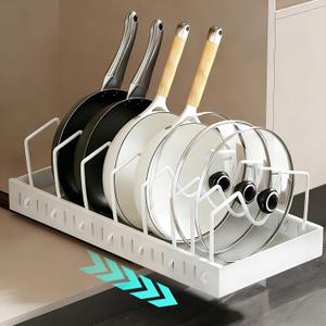 Pot and Pan Organizer under Cabinet Pull Out,Pot Lid Holder for Kitchen, Cookware Storage Rack with Slide Rails,Slide-out Drawer, White