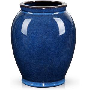 Blue Large Ceramic Vases for Flowers Navy Blue Glazed Pottery Vases Rustic Modern Farmhouse Distressed Decorative Vase for Home Kitchen Mantel Shelf Living Room Table Centerpiece Decor - 6.7 Inch Tall