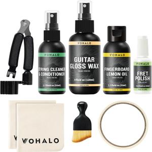 Premium Guitar Cleaning Kit - Guitar Gloss Wax, Fretboard Lemon Oil, String Cleaner Oil, Fret Polish with Microfiber Cloth, Brush & Tools, Compact All in One Care Set for Electric Guitar, 240ML