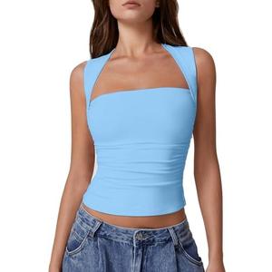 QINSEN Women's Square Neck Tank Tops Side Ruched Double Lined Slim Fit Summer Going Out Crop Top, Size XL